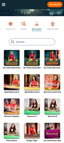Screenshot des Bereichs für Baccarat-Spiele in der Locowin-App