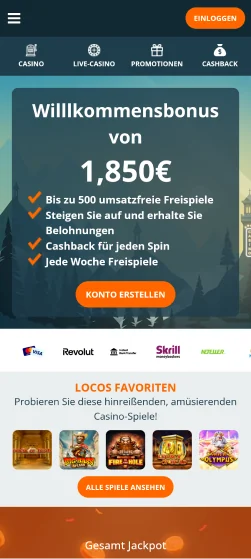 Screenshot der Startseite der Locowin-Anwendung